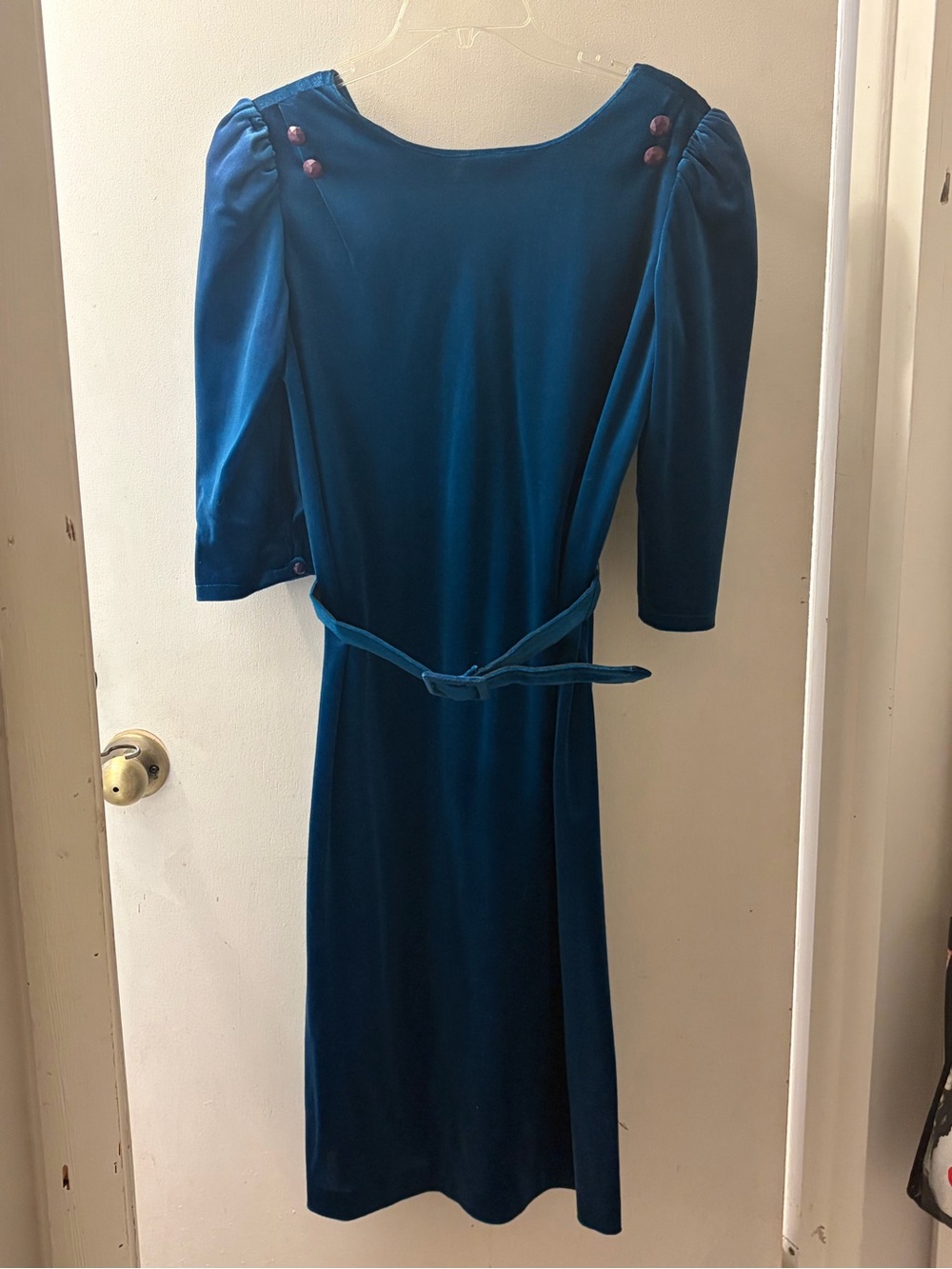 Teal Velvet Belted Midi Dress